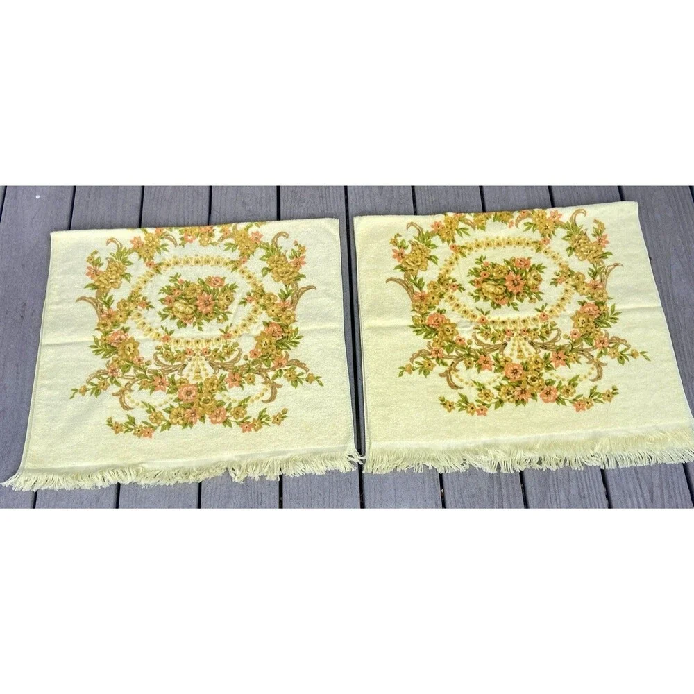 Vintage Tastemaker 100% Cotton Floral Fringe Bath Towels Set Yellow (2) Cottage